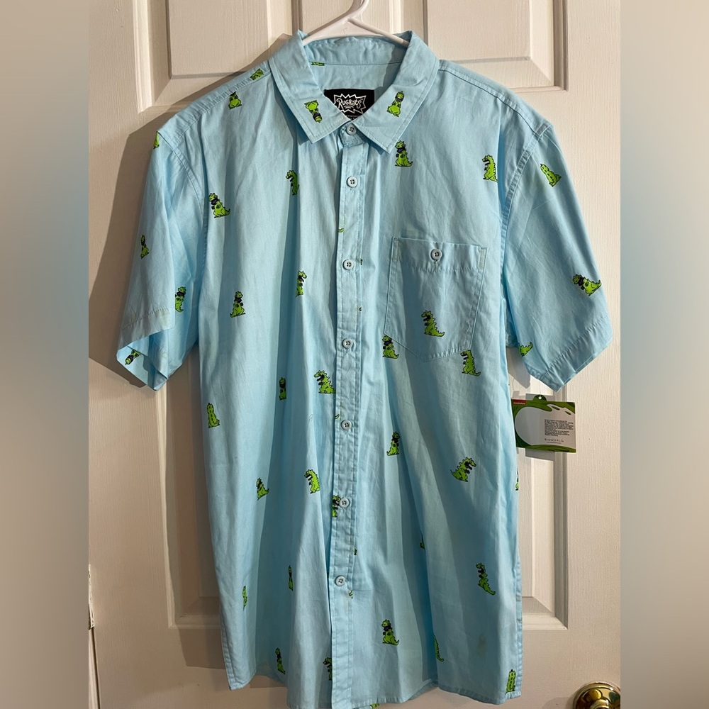 Men’s XLarge (XL) Sky Blue Nickelodeon Rugrats Reptar All Over Print Button Down